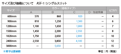 シングルスリット：サイズ及び価格表