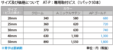 AT-P/専用取付ビス：サイズ及び価格表